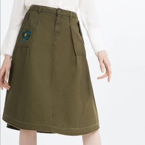 Zara Olive Cotton Embroidered Accent Midi Skirt